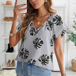 Khaki V-neck Short Sleeve Fashion Print Fantasy Fluttering Blouse