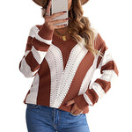 Khaki Striped Colorblock V Neck Knitted Sweater