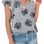 Khaki V-neck Short Sleeve Fashion Print Fantasy Fluttering Blouse