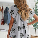 Khaki V-neck Short Sleeve Fashion Print Fantasy Fluttering Blouse