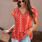 Khaki V-neck Short Sleeve Fashion Print Fantasy Fluttering Blouse