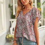 Khaki V-neck Short Sleeve Fashion Print Fantasy Fluttering Blouse