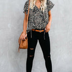 Khaki V-neck Short Sleeve Fashion Print Fantasy Fluttering Blouse