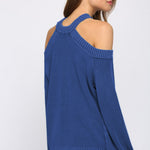 Blue Cool Breeze Cotton Cold Shoulder Sweater