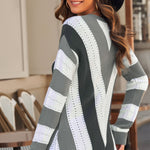 Khaki Striped Colorblock V Neck Knitted Sweater