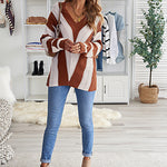 Khaki Striped Colorblock V Neck Knitted Sweater