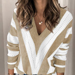 Khaki Striped Colorblock V Neck Knitted Sweater