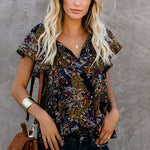 Khaki V-neck Short Sleeve Fashion Print Fantasy Fluttering Blouse