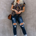 Khaki V-neck Short Sleeve Fashion Print Fantasy Fluttering Blouse