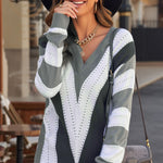 Khaki Striped Colorblock V Neck Knitted Sweater