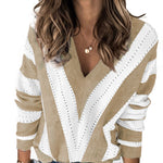 Khaki Striped Colorblock V Neck Knitted Sweater