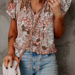 Khaki V-neck Short Sleeve Fashion Print Fantasy Fluttering Blouse