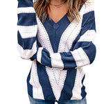 Khaki Striped Colorblock V Neck Knitted Sweater