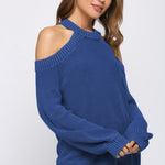 Blue Cool Breeze Cotton Cold Shoulder Sweater