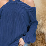 Blue Cool Breeze Cotton Cold Shoulder Sweater