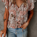 Khaki V-neck Short Sleeve Fashion Print Fantasy Fluttering Blouse
