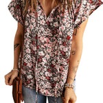 Khaki V-neck Short Sleeve Fashion Print Fantasy Fluttering Blouse