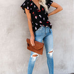 Khaki V-neck Short Sleeve Fashion Print Fantasy Fluttering Blouse