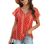 Khaki V-neck Short Sleeve Fashion Print Fantasy Fluttering Blouse