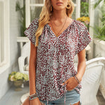 Khaki V-neck Short Sleeve Fashion Print Fantasy Fluttering Blouse