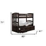 80inches X 41inches X 71inches Espresso Twin Over Twin Bunk Bed And Trundle With 3 Drawers