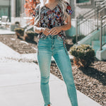 Khaki V-neck Short Sleeve Fashion Print Fantasy Fluttering Blouse