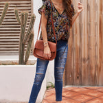 Khaki V-neck Short Sleeve Fashion Print Fantasy Fluttering Blouse