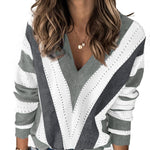 Khaki Striped Colorblock V Neck Knitted Sweater