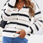 Apricot V Neck Stripes Colorblock Button Cardigan