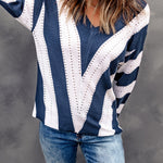 Khaki Striped Colorblock V Neck Knitted Sweater