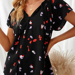 Khaki V-neck Short Sleeve Fashion Print Fantasy Fluttering Blouse