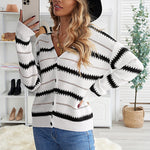 Apricot V Neck Stripes Colorblock Button Cardigan