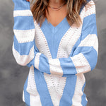 Khaki Striped Colorblock V Neck Knitted Sweater