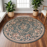 8inches Round Slate Blue Floral Vine Bordered Indoor Area Rug