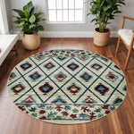 8inches Ivory Machine Woven Geometric Lodge Round Indoor Area Rug