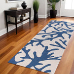 8' Ivory Blue Hand Hooked Oversized Coral Reef Indoor Runner Rug