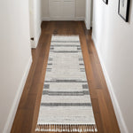 8inches Ivory Grey Machine Woven Abstract Lines With Fringe Indoor Runner Rug
