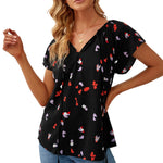 Khaki V-neck Short Sleeve Fashion Print Fantasy Fluttering Blouse