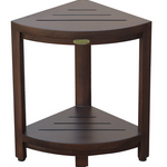 Compact Triangular Teak Shower Outdoor Bench with Shelf in Brown Finish
