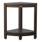 Compact Triangular Teak Shower Outdoor Bench with Shelf in Brown Finish