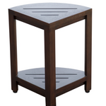 Compact Triangular Teak Shower Outdoor Bench with Shelf in Brown Finish