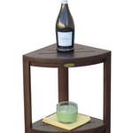 Compact Triangular Teak Shower Outdoor Bench with Shelf in Brown Finish