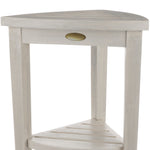 Compact Teak Corner Shower Stool with Shelf in Whitewash Finish