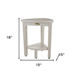 Compact Teak Corner Shower Stool with Shelf in Whitewash Finish