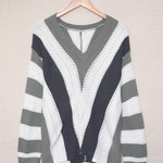 Khaki Striped Colorblock V Neck Knitted Sweater
