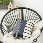 Traditional Navy Blue Faux Leather and Monochromatic Stripes Lumbar Pillow Cover