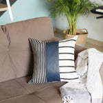 Traditional Navy Blue Faux Leather and Monochromatic Stripes Lumbar Pillow Cover