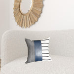 Traditional Navy Blue Faux Leather and Monochromatic Stripes Lumbar Pillow Cover