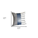 Traditional Navy Blue Faux Leather and Monochromatic Stripes Lumbar Pillow Cover