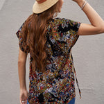 Khaki V-neck Short Sleeve Fashion Print Fantasy Fluttering Blouse
